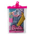 Barbie Ken doll fashion pack in clear pink hanger package with denim jacket featuring pink collar, yellow sleeve, and eco-friendly label, designed for mix-and-match styling.