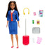 Barbie flight attendant doll with yellow headphones, red rolling suitcase, travel magazine, snacks, drink accessories, and serving tray.