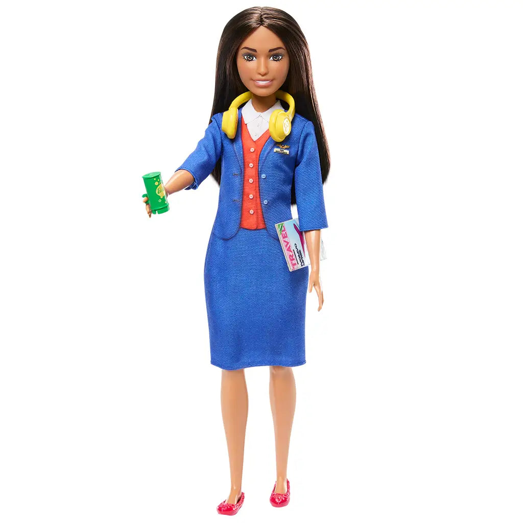 Barbie flight attendant doll with long brunette hair, wearing a blue skirt suit with red vest and white shirt, holding a green drink cup and yellow headphones.