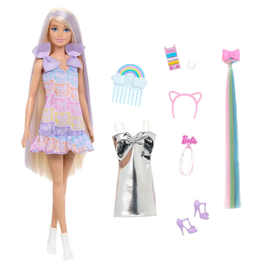 Barbie doll with pastel kitten-print dress and long blonde hair, shown with silver metallic dress, purple heels, rainbow comb, hair clips, and colorful extension accessories.
