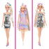 Three Barbie styling looks with blonde fashion doll: silver metallic dress with braids, pastel kitten-print dress with rainbow hair extension, and braided pigtails with cat-ear headband.