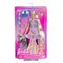 Barbie Fun and Fancy fashion doll in retail box, featuring extra-long blonde hair, colorful dress, silver outfit, purple heels, hair clips, and rainbow styling accessories.