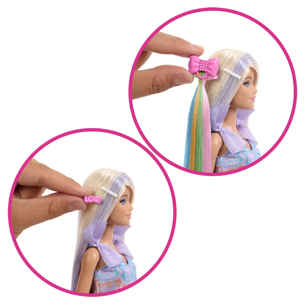 Close-up of Barbie blonde fashion doll being styled with pastel rainbow hair extension clip and pink barrettes, highlighting creative play and interchangeable styling accessories.