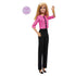 Full view of Barbie Future Leader doll with blonde hair, pink jacket, black pants, and black heels, raising hand in confident pose to inspire leadership and storytelling play.