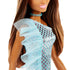 Closeup of Barbie doll outfit featuring metallic blue polka dot one-shoulder dress with sheer ruffle trim and aqua choker necklace, highlighting sparkling evening wear design.