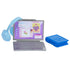 Barbie school accessories set featuring a silver laptop with colorful screen graphics, light blue headphones, and a bright blue book, styled for imaginative classroom play.