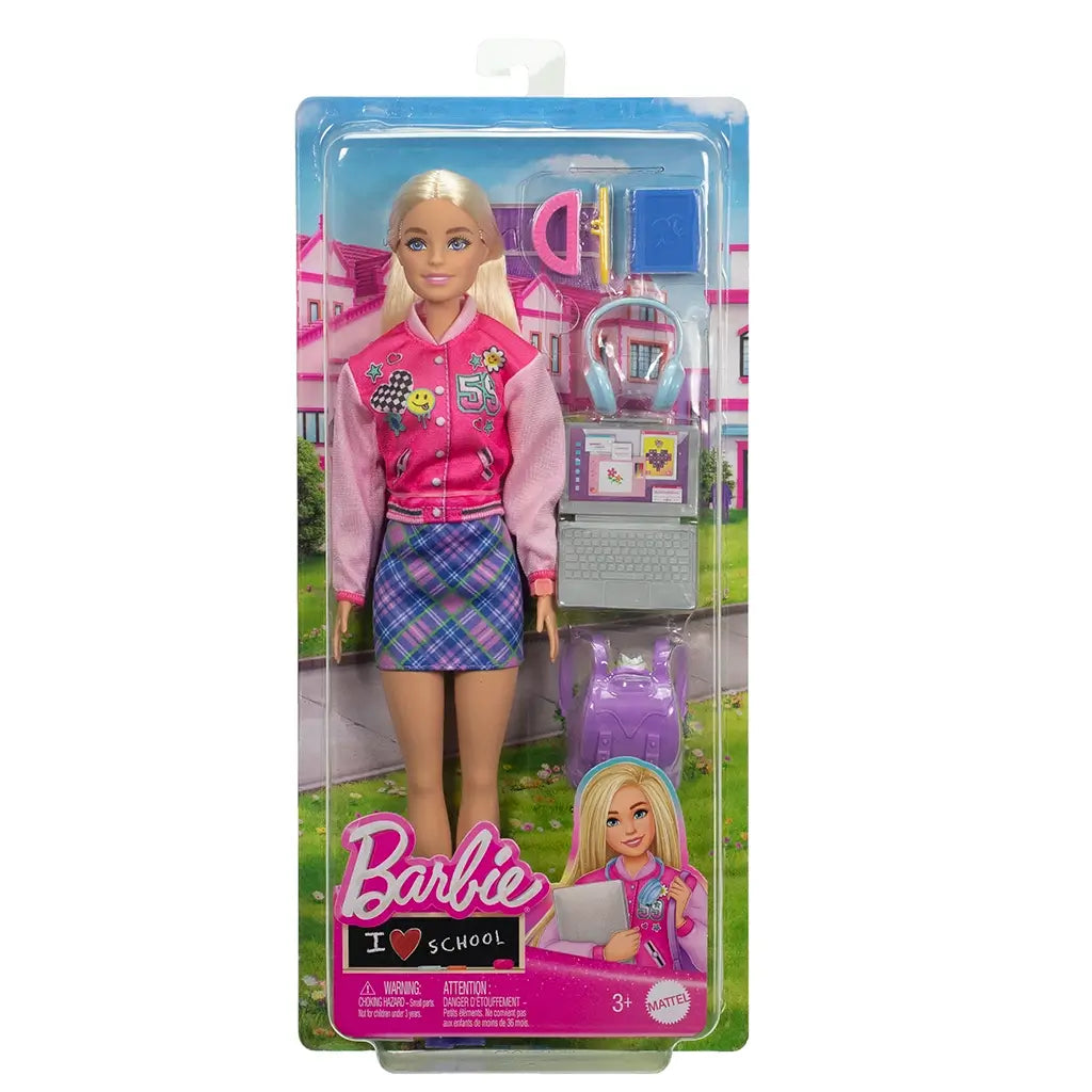 Packaged Barbie I Love School doll set showing blonde Barbie in pink jacket and plaid skirt, with included accessories like backpack, laptop, headphones, and school tools.