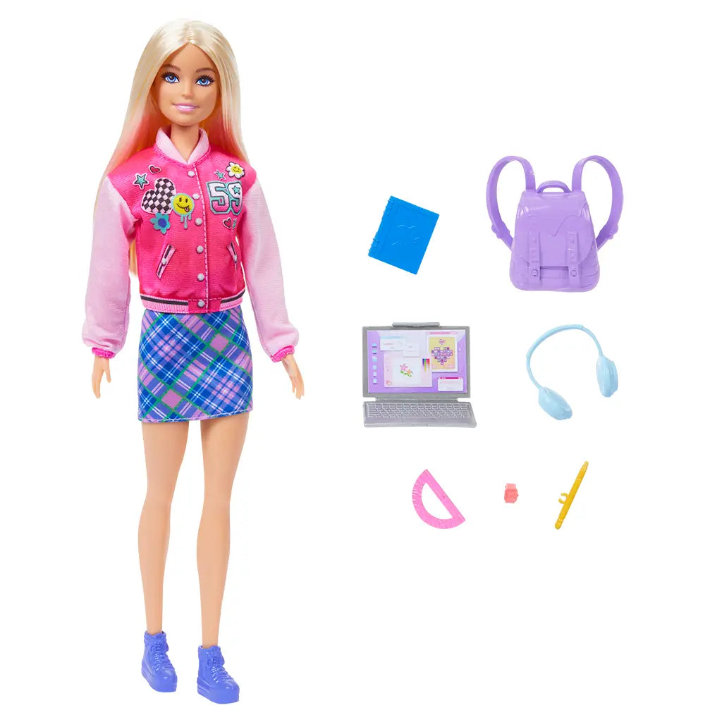 Barbie fashion doll with long blonde hair wearing a pink varsity jacket and plaid skirt, displayed with school accessories including backpack, laptop, headphones, and supplies.