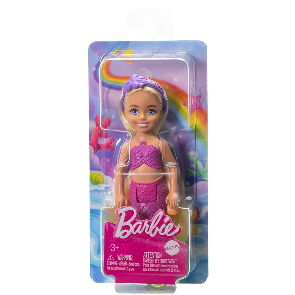 Front packaging of Barbie Mermaid Chelsea doll, displayed in a clear plastic case with a colorful ocean-themed background and Barbie logo.
