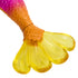 Close-up of a Barbie Mermaid Chelsea doll's colorful tail featuring detailed orange scales and a wide, translucent yellow fin shaped like flower petals, ideal for imaginative play.