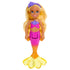 Full view of Barbie Mermaid Chelsea doll standing upright with long blonde hair, pink and purple mermaid top, orange scales, and translucent yellow tail fin.
