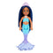 Barbie Chelsea mermaid doll standing upright with long straight blue hair, lavender shell crown, aqua seashell top, and detailed blue-to-purple mermaid tail with wide fin.