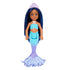 Barbie Chelsea mermaid doll standing upright with long straight blue hair, lavender shell crown, aqua seashell top, and detailed blue-to-purple mermaid tail with wide fin.