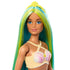 Close-up of Barbie mermaid doll’s face with long blue and yellow streaked hair, wearing a yellow seashell tiara and pastel seashell-themed top.