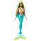 Full-body view of Barbie mermaid doll with long blue and yellow hair, wearing a turquoise sculpted mermaid tail and seashell-themed top.