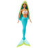 Full-body view of Barbie mermaid doll with long blue and yellow hair, wearing a turquoise sculpted mermaid tail and seashell-themed top.