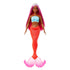 Front view of Barbie mermaid doll wearing turquoise seashell-style top and red scale mermaid tail with pink fins, long magenta hair, and white pearl-like tiara crown.