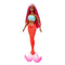 Barbie mermaid doll with long magenta hair, turquoise seashell-style top, and shimmery red scale tail ending in translucent pink fins, shown against a white background.