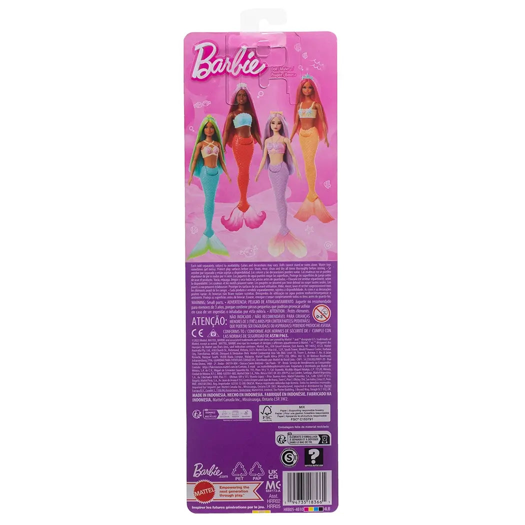 Back of Barbie mermaid doll packaging showing multiple mermaid dolls with different hair colors, tails, and outfits, along with product information.