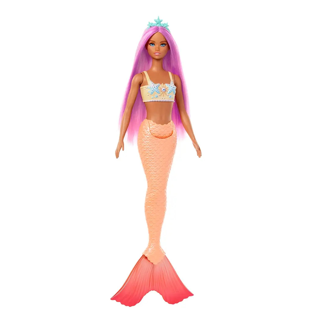 Full-length Barbie mermaid doll with long pink hair, orange scaled tail fading to pink fins, peach starfish top, and blue starfish tiara.