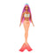 Full-length Barbie mermaid doll with long pink hair, orange scaled tail fading to pink fins, peach starfish top, and blue starfish tiara.