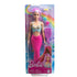 Barbie mermaid doll in original packaging with pastel shell top, long pink hair, sculpted pink tail, and accessories including combs and decorative barrettes.