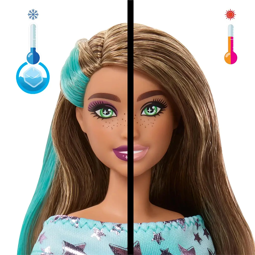 Split view of Barbie Party doll’s face showing color-change transformation, with cool temperature turning hair teal and makeup bold, and warm temperature revealing natural brown hair and lighter tones.