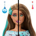 Split view of Barbie Party doll’s face showing color-change transformation, with cool temperature turning hair teal and makeup bold, and warm temperature revealing natural brown hair and lighter tones.