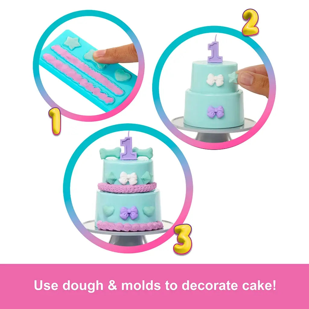 Barbie Party playset image showing blue dough molds, a teal tiered cake with purple number one topper, and pink decorations, illustrating how kids can decorate cakes with dough and molds.
