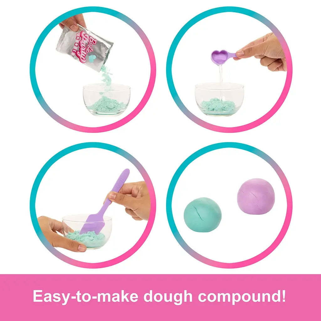 Barbie Party dough-making process showing powder poured, water added with a heart scoop, mixing with a spatula, and finished teal and purple dough balls, demonstrating easy-to-make play compound.