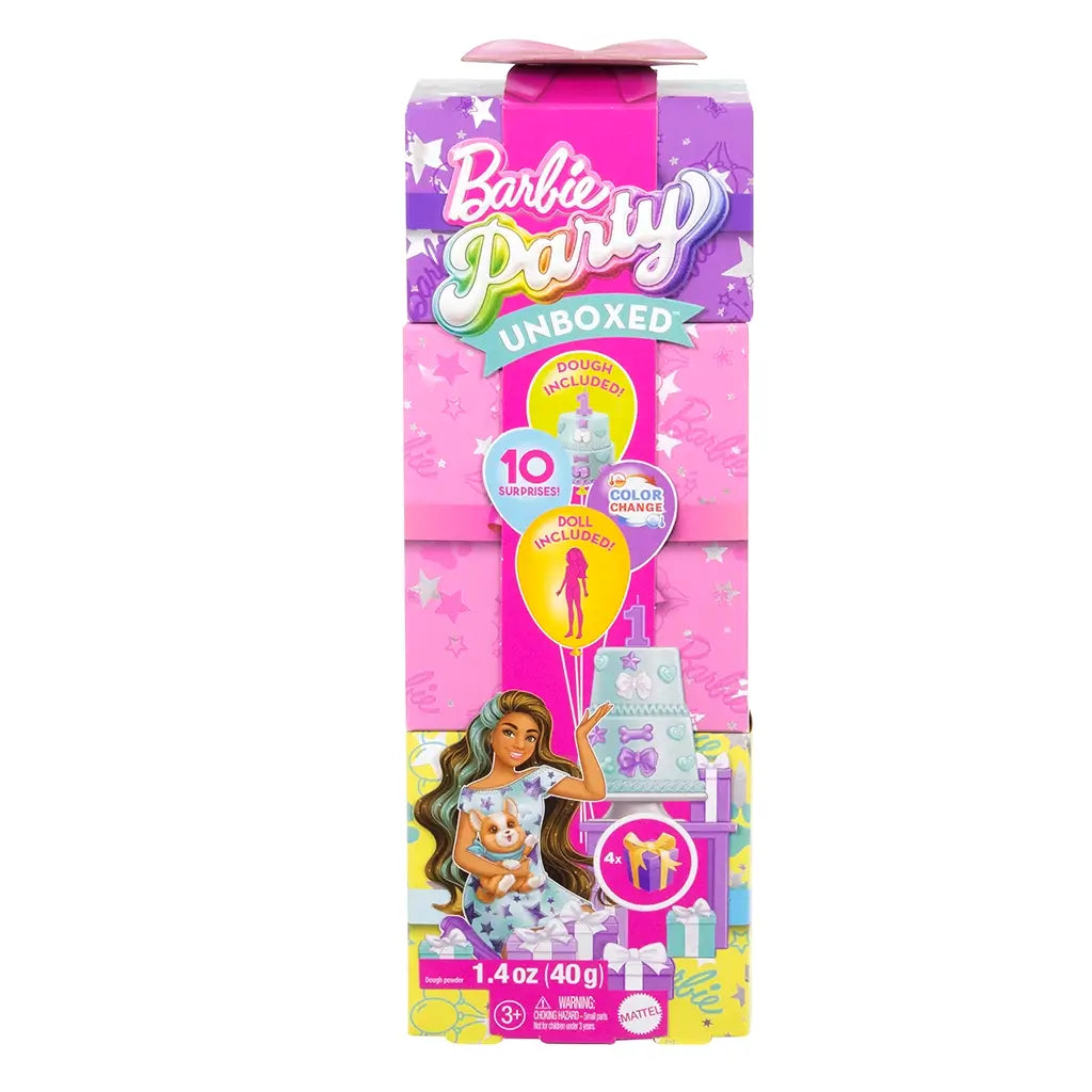 Barbie Party Unboxed packaging in bright pink and purple with star graphics, showcasing included doll, cake, dough accessories, and surprise gifts, designed for fun unwrapping play experiences.