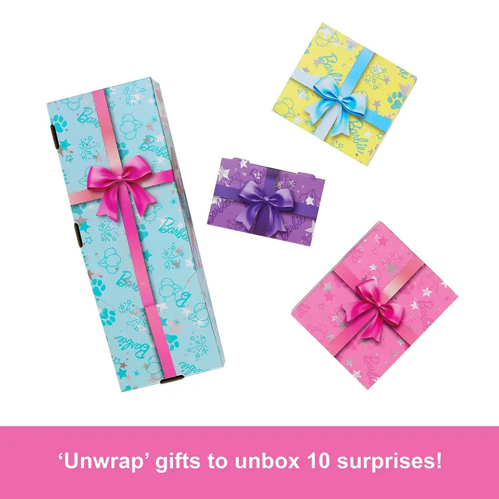 Colorful Barbie Party unboxing set with four wrapped gift boxes in blue, yellow, purple, and pink, each topped with shiny bows, highlighting the feature of unwrapping 10 fun surprises.