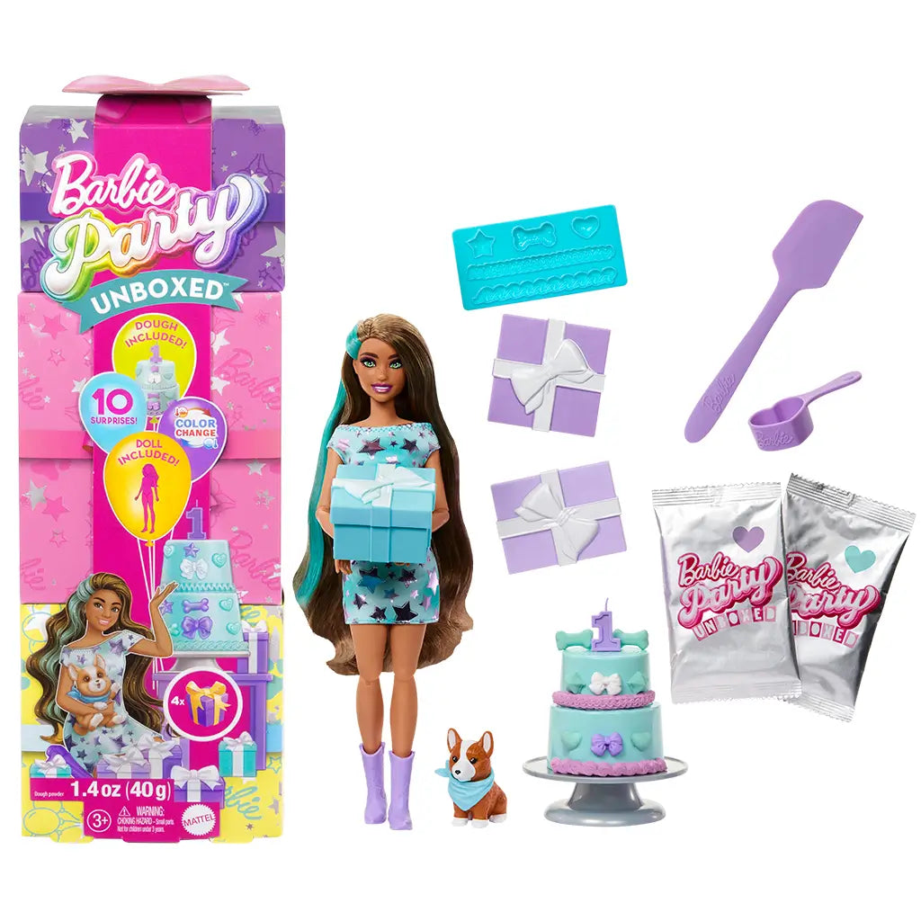 Barbie Party Unboxed birthday playset featuring a Barbie doll with teal-streaked hair, a pet dog, party cake, surprise gifts, dough molds, tools, and colorful packaging for creative play.