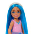 Barbie Chelsea doll with long straight blue hair, sparkling blue eyes, and a pink top, wearing a silver tiara-style headband and soft makeup for a princess-inspired look.