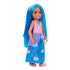 Barbie Chelsea doll dressed in a pink bodice with blue gem detail and long skirt patterned with white swans, layered with glittery mesh, paired with pink shoes.