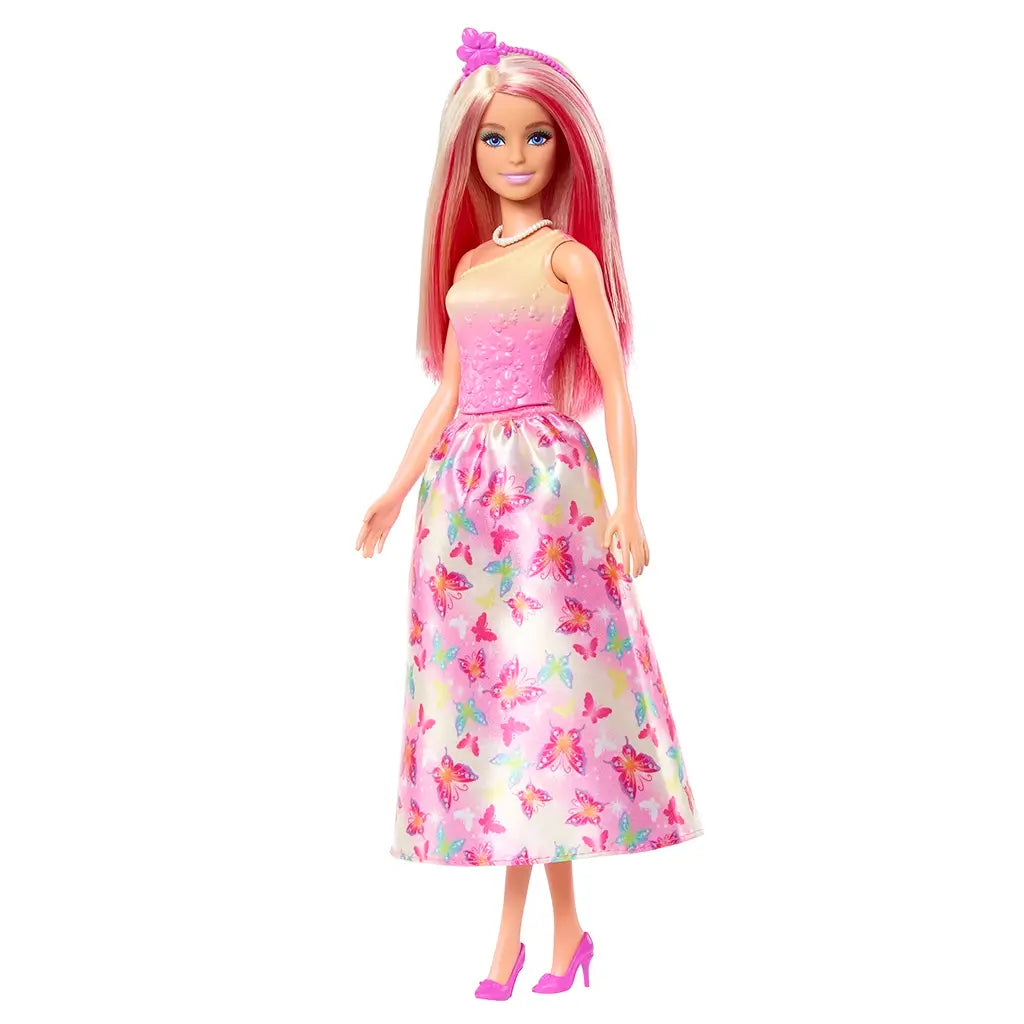 Barbie doll angled view shows pink-and-blonde hair, pearl necklace, pink floral bodice, butterfly-print satin skirt, and glossy pink high heels for a coordinated princess look.