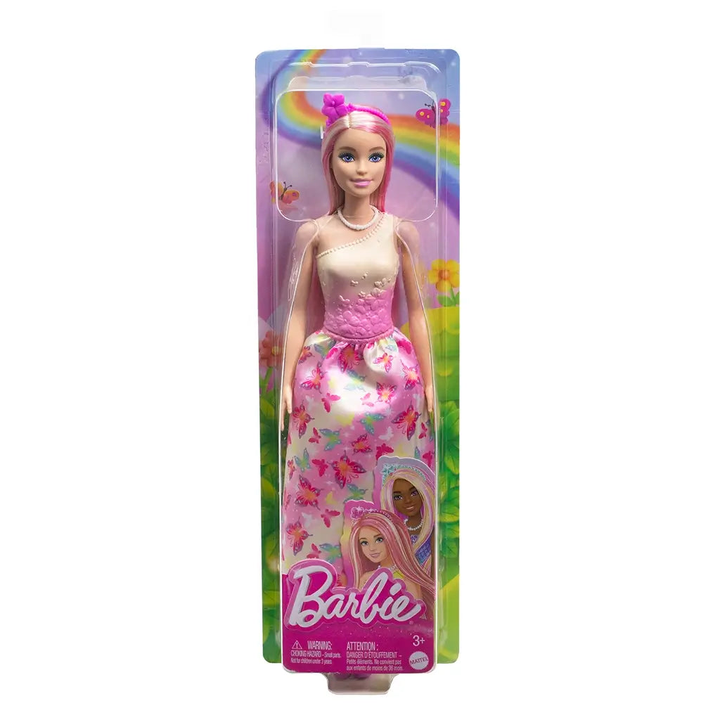 Barbie doll in retail packaging features pink-and-blonde hair, butterfly-print satin skirt, pearl necklace, and pink shoes, displayed against a rainbow-themed illustrated backdrop.