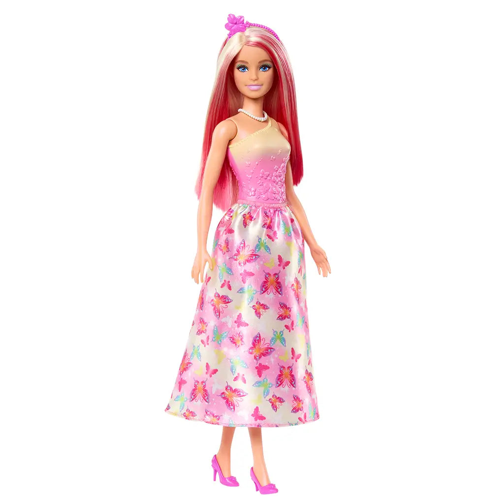 Full-length Barbie doll wears a pink floral bodice with embossed details, pearl necklace, and long satin skirt printed with multicolored butterflies, paired with pink high heels.