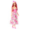 Full-length Barbie doll wears a pink floral bodice with embossed details, pearl necklace, and long satin skirt printed with multicolored butterflies, paired with pink high heels.