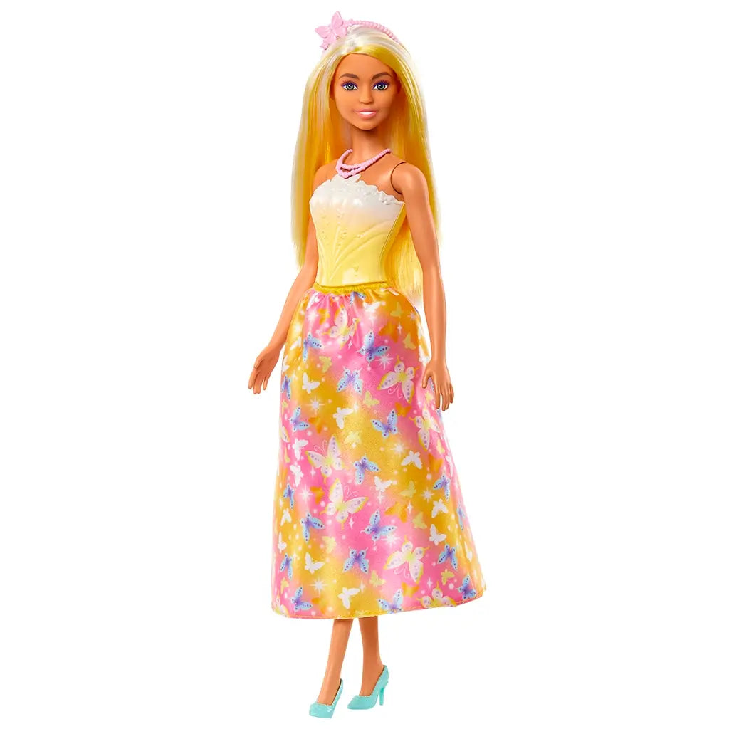 Barbie doll with long straight blonde hair wearing a sleeveless yellow and white corset-style top and a satin skirt covered in pink, white, and blue butterfly prints, finished with mint high heels and pink jewelry for whimsical fashion play.