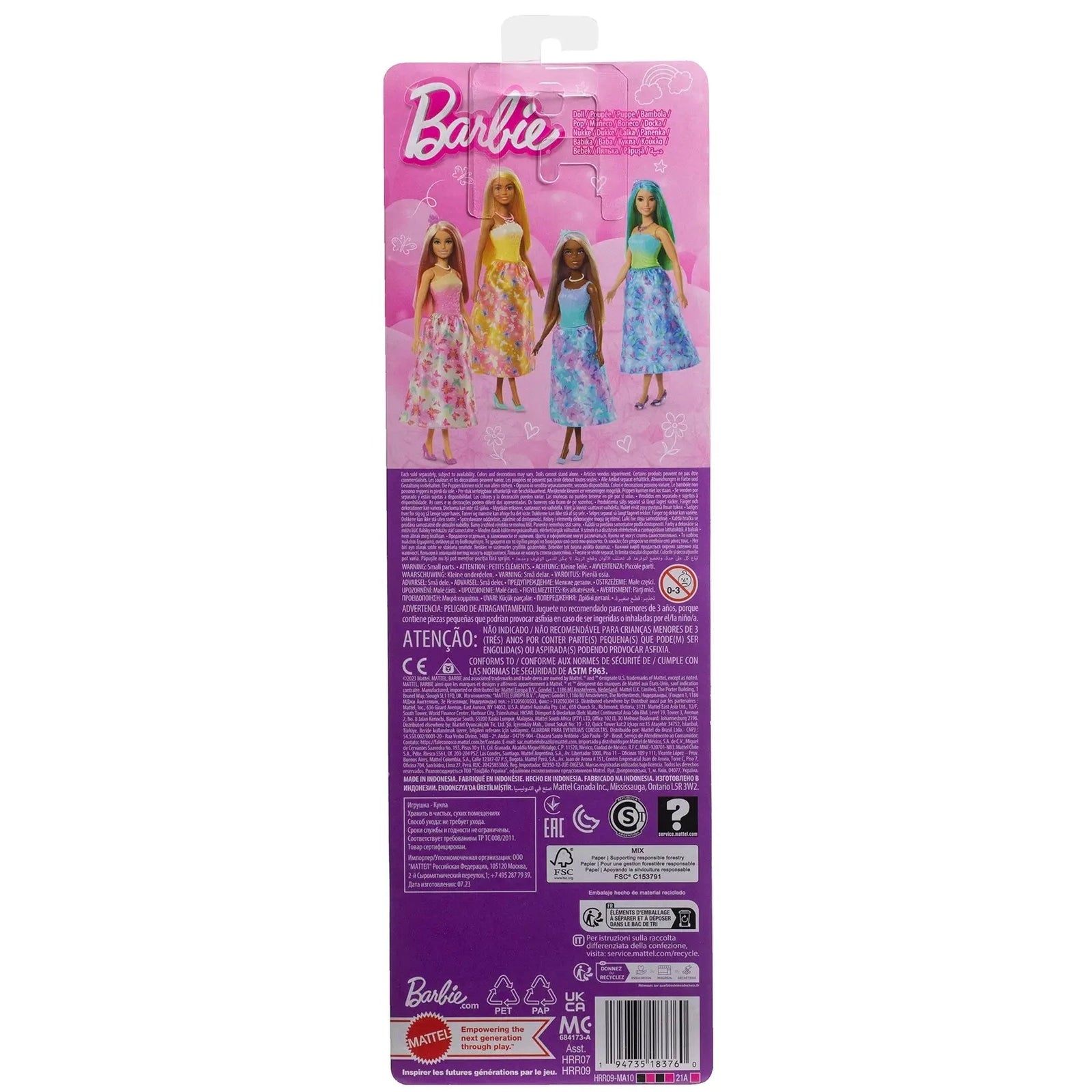 Back of Barbie doll packaging featuring four diverse Barbie dolls in colorful, floral-print dresses with long hair in various styles, set against a pink and purple background with branding and safety information.