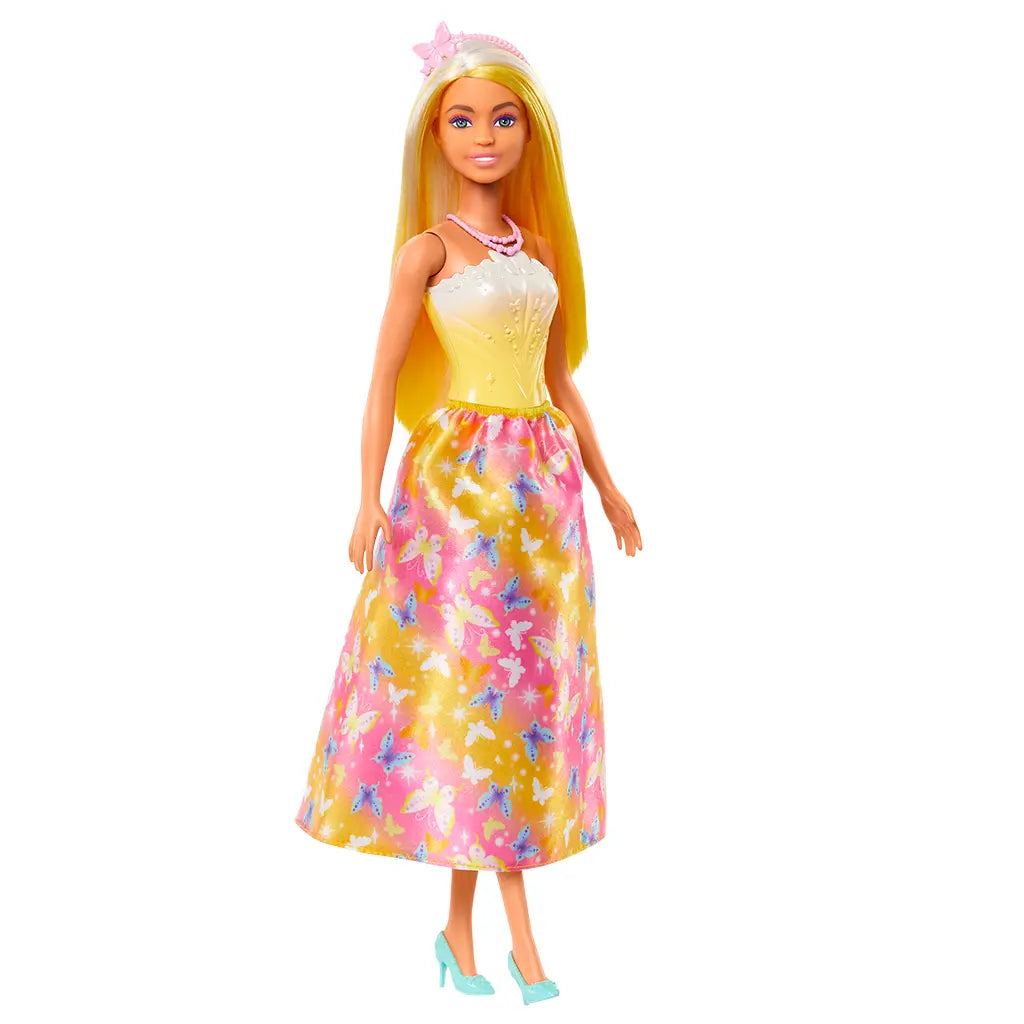 Barbie doll with long blonde hair wearing a strapless yellow and white bodice, shiny floor-length skirt with pink and gold butterfly print, mint high heels, and pink accessories including a necklace and butterfly headband, perfect for dress-up and imaginative play.