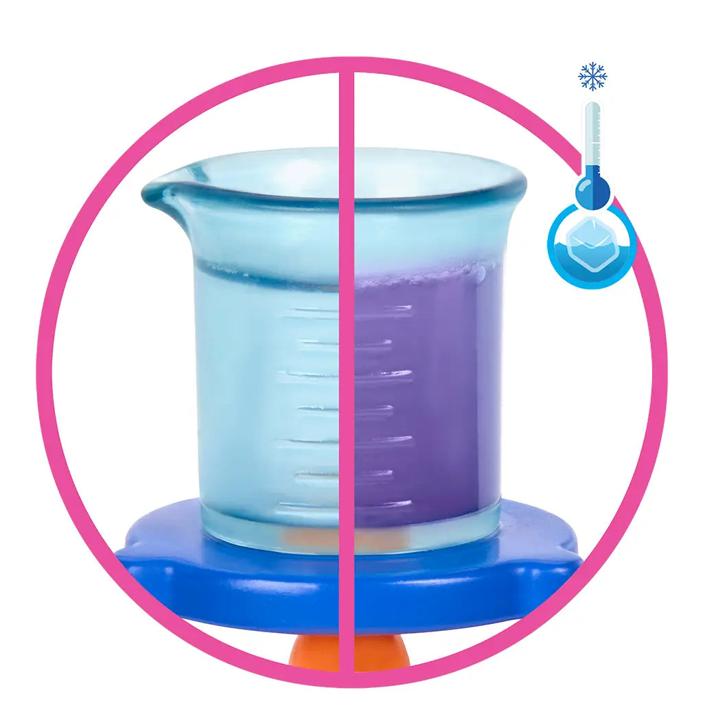 Barbie playset accessory featuring a clear toy beaker on a stand, shown with liquid changing color from blue to purple, highlighting interactive color-change science experiment feature.