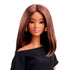 Close-up of Barbie Signature Basics 2025 Series 1 Model 01 doll with straight brown hair, gold hoop earrings, and soft pink lips, wearing a black off-shoulder dress against a white background.