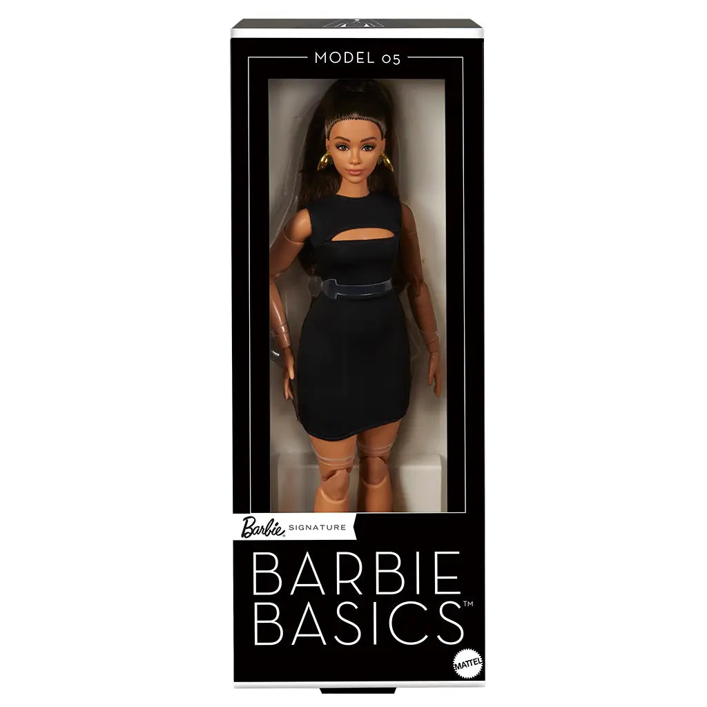Front view of boxed Barbie Signature Basics Model 05 doll, wearing a sleek black dress with gold hoop earrings, part of the 2025 Series 1 collection.