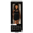Front view of boxed Barbie Signature Basics Model 05 doll, wearing a sleek black dress with gold hoop earrings, part of the 2025 Series 1 collection.