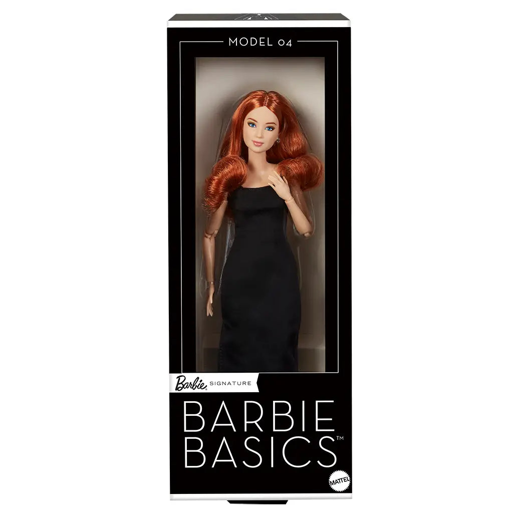 Barbie Signature Basics 2025 Model 4 doll packaged in black box with clear front, featuring doll in black dress and red hair styled in voluminous waves, labeled “Model 04.”