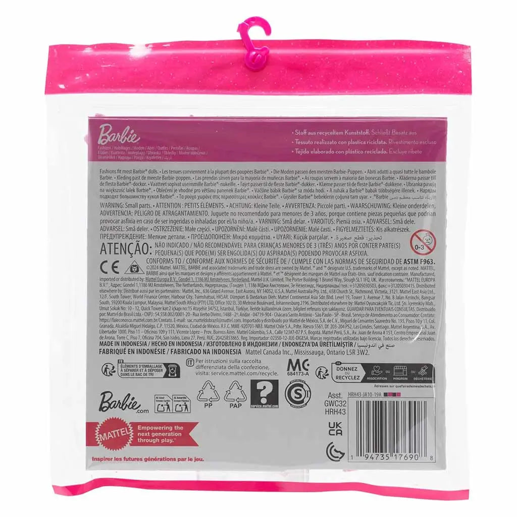 Back of Barbie Springtime Clothes package showing multilingual product information, recycling details, Mattel branding, and pink header with hanging hook on clear plastic packaging.