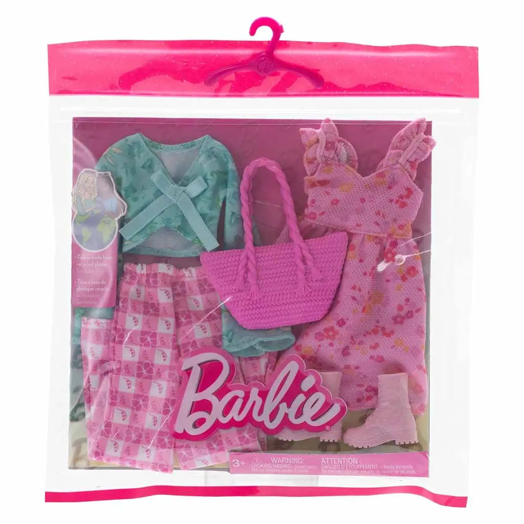Front of Barbie Springtime Clothes pack showing two colorful outfits—a floral dress and a pastel top with pants—plus pink boots and handbag in a clear package with the Barbie logo.