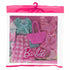 Front of Barbie Springtime Clothes pack showing two colorful outfits—a floral dress and a pastel top with pants—plus pink boots and handbag in a clear package with the Barbie logo.